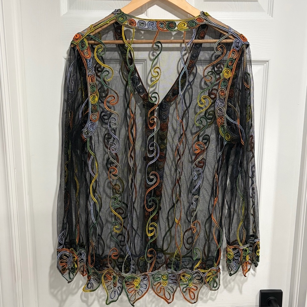 Vintage La Robe Sheer Black Mesh Embroidered Button-Front Top Coverup - Picture 5 of 7